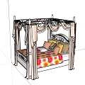 Four Poster Children's Bed With Dark Drapes And Colorful Floral Bedding