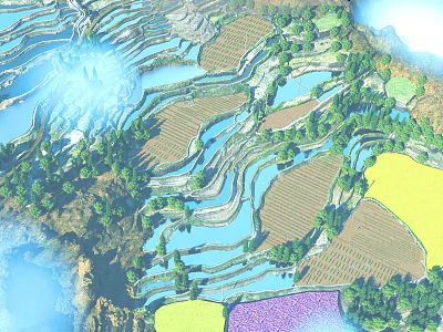 Beautiful Mountain Landscape With Tiered Terrace Fields Colorful Farmlands Water Reflections And Green Trees 3d model