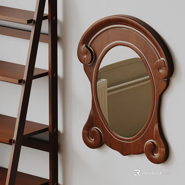 Ornate Wooden Mirror With Carved Design On Wall Near Wooden Ladder 3d model 