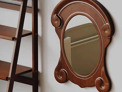 Ornate Wooden Mirror With Carved Design On Wall Near Wooden Ladder 3d model