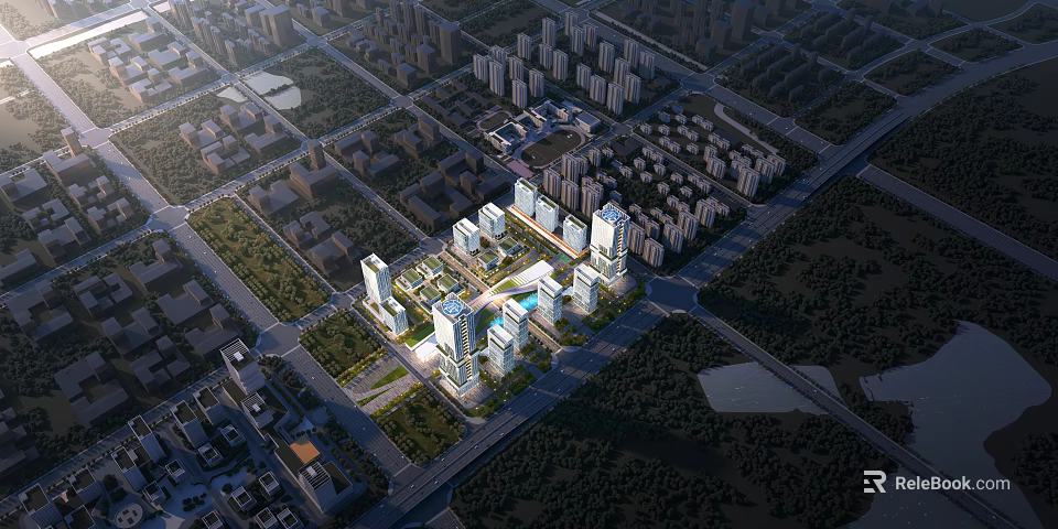 Aerial Planning of Urban District With High Rise Buildings Roads And Green Spaces 3d model 