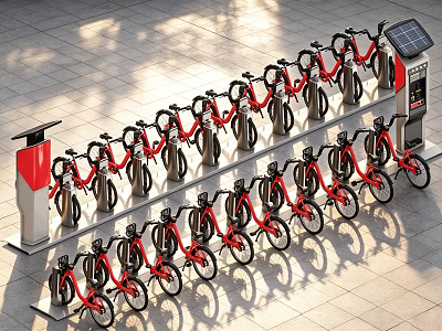 Public Facility Solar Powered Shared Bike Parking With Neatly Arranged Red Bicycles On Stone Pavement 3d model
