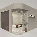Neutral Gray Clothing Store Interior With Arched Doors Bench And Wooden Slats Ceiling