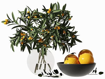 Transparent Glass Vase With Green Leaves Small Yellow Fruits And Black Bowl Of Oranges 3d model