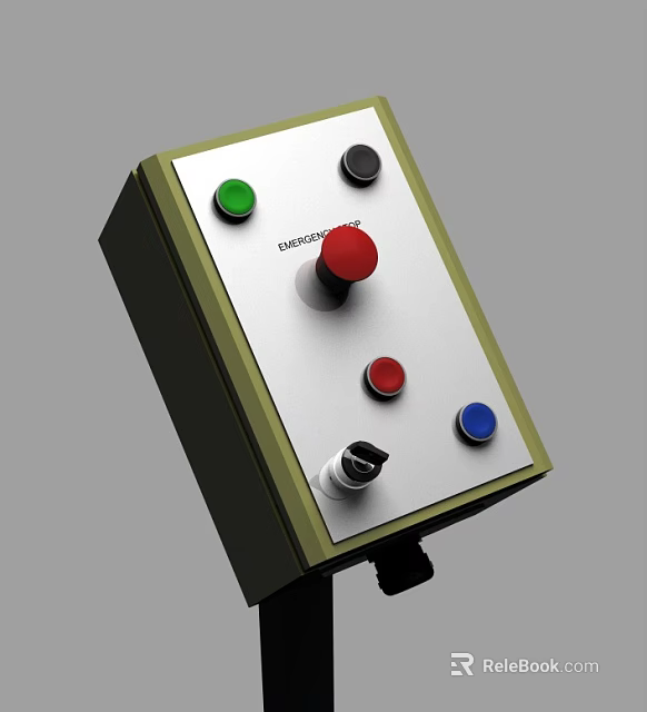 Sturdy Industrial Control Panel With Emergency Stop Button Green Red Blue Buttons And Knob 3d model 