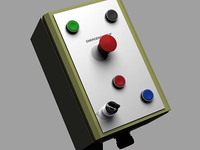 Sturdy Industrial Control Panel With Emergency Stop Button Green Red Blue Buttons And Knob 3d model