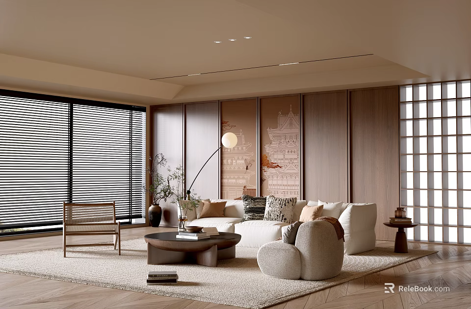 Modern Living Room Interior With Wooden Wall Beige Sofa Round Coffee Table And Floor Lamp 3d model 