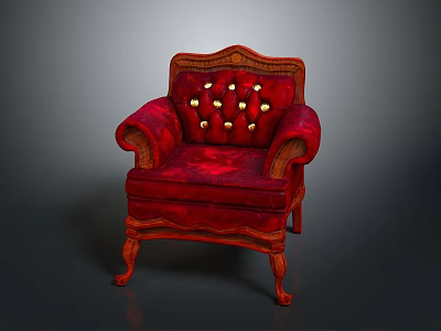 Luxurious Red Ornate Armchair With Detailed Carved Wooden Frame And Gold Buttons 3d model