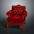 Luxurious Red Ornate Armchair With Detailed Carved Wooden Frame And Gold Buttons