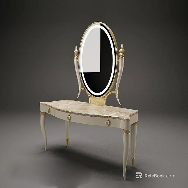 Elegant Dressing Table With Oval Mirror Gold Accents Marble Top And White Legs 3d model 