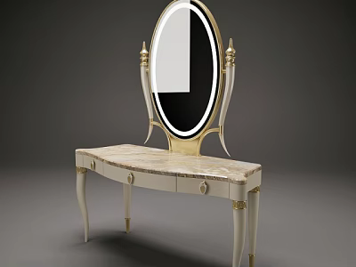 Elegant Dressing Table With Oval Mirror Gold Accents Marble Top And White Legs 3d model
