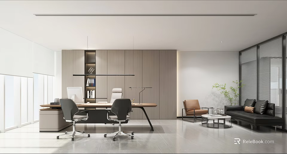 Modern Bright Spacious Executive Office With Large Wooden Work Desk And Comfortable Guest Lounge Area 3d model 