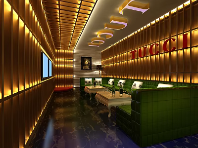 Modern KTV Interior Design Features Green Sofas Wooden Decor Ambient Lighting And GUCCI Lettering 3d model