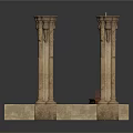 Classical Stone Columns Flanking Ornate Tapestry With Front Small Wooden Table Featuring Eagle And Figure