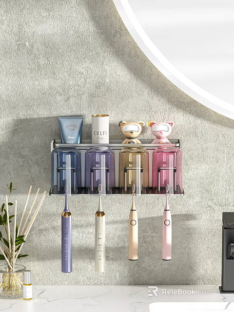 Wall Mounted Bathroom Accessories Rack With Colorful Toothbrush Holders And Teddy Bear Decor 3d model 