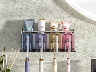 Wall Mounted Bathroom Accessories Rack With Colorful Toothbrush Holders And Teddy Bear Decor 3d model