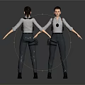 Female Character in Gray Uniform Standing with Utility Belt Front and Back View Pose