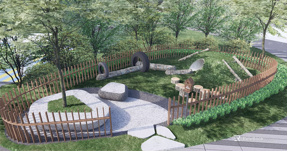 Enclosed Outdoor Garden Area With Wooden Fence Grass Stone Paths Seats And Trees 3d model 