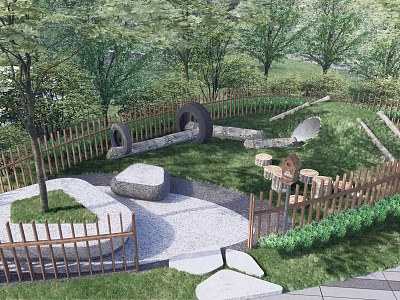 Enclosed Outdoor Garden Area With Wooden Fence Grass Stone Paths Seats And Trees 3d model