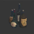 Vintage Glass Bottles With Different Shapes Labels On Dark Reflective Surface