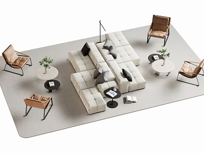 Modern Sofa Coffee Table Set With Light Upholstery Accent Chairs And Green Plants 3d model