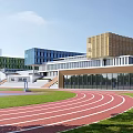 Modern School Building Complex With Green Roofs Running Track Basketball Court And Urban Trees