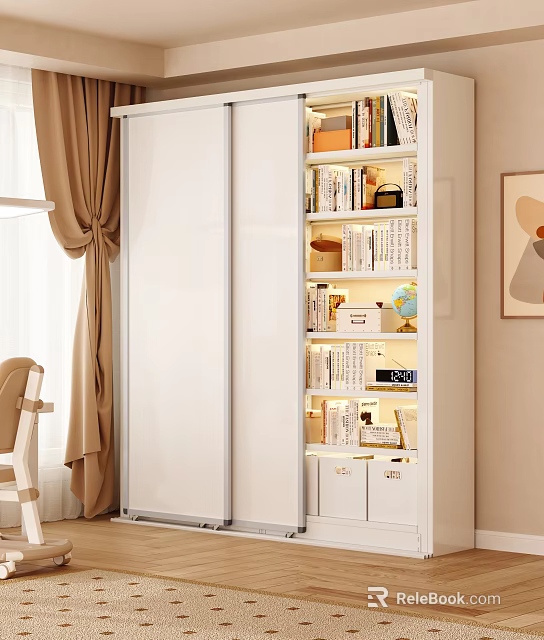 Modern Lighted Bookshelf With Books Storage Boxes And Decorative Items In Living Room 3d model 