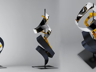 Modern Abstract Decorative Ornament Set With Metallic Spiral Curves And Black Silver Yellow Accents 3d model