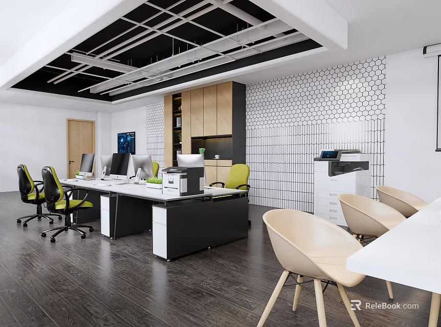 Modern Public Office Area With Open Layout Desks Computers And Geometric Wall Tiles 3d model