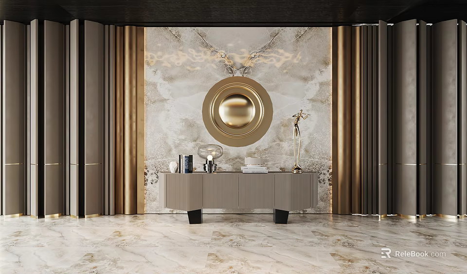 Luxury Background Wall With Marble Texture Gold Decorations Round Mirror Gold Curtains And Console Table 3d model 