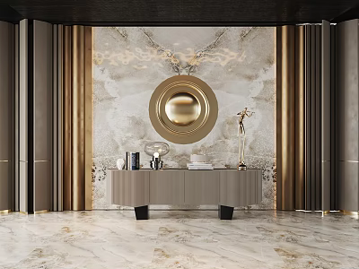 Luxury Background Wall With Marble Texture Gold Decorations Round Mirror Gold Curtains And Console Table 3d model