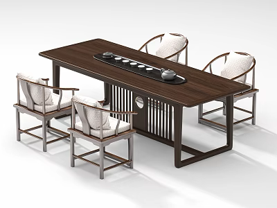 Traditional Style Tea Table And Chairs With Solid Wood Frame Padded Seats And Tea Set 3d model