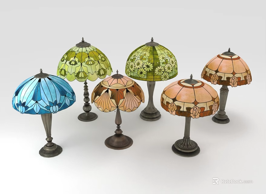 Colorful Stained Glass Table Lamps With Metal Bases And Floral Patterns 3d model 