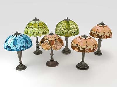 Colorful Stained Glass Table Lamps With Metal Bases And Floral Patterns 3d model