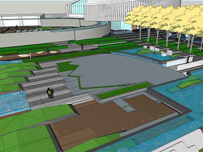 Modern Garden Landscape Design With Water Features Stone Walkways And Yellow Trees 3d model