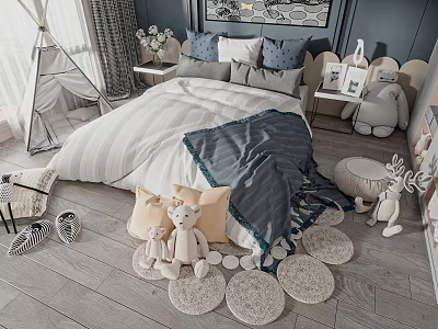 Kids Bed with Striped Quilt Blue Gray Pillows Stuffed Toys Teepee Tent and Woven Rugs 3d model