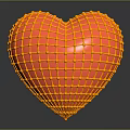 Red Heart Shaped Object with Yellow Grid Mesh Surface on Dark Background and Bottom Reflection 3d model