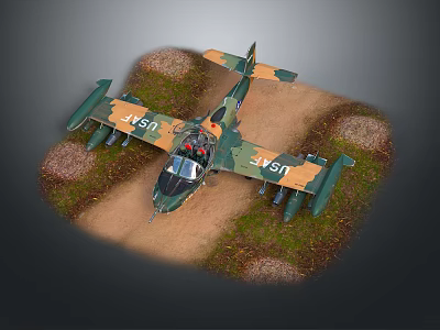 Camouflage Military Aircraft Parked On Dirt Ground With Grass And Rocks 3d model