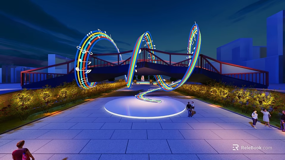 Illuminated Curved Pedestrian Bridge With Colorful Lights In Nighttime Urban Plaza 3d model 