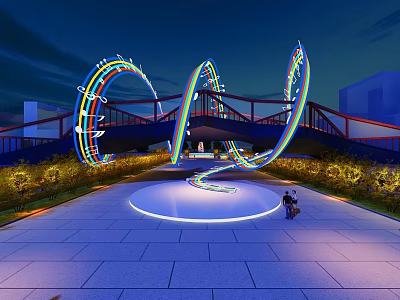 Illuminated Curved Pedestrian Bridge With Colorful Lights In Nighttime Urban Plaza 3d model