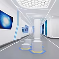 Modern Tech Exhibition Hall Interior With Blue Screens White Display Platforms And Hexagonal Ceiling
