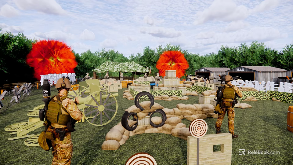Military Personnel Training at Outdoor Shooting Range With Targets Tires and Sandbags 3d model 