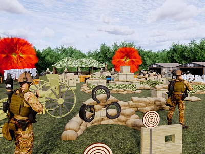 Military Personnel Training at Outdoor Shooting Range With Targets Tires and Sandbags 3d model