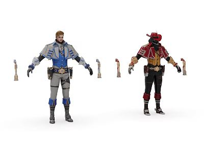 Two Game Characters In Blue Gray And Red Black Costumes Holding Tools And Gear 3d model