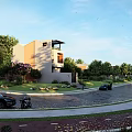 Modern Detached Villa Surrounded By Trees With Grey Facade Glass Windows And Lawn