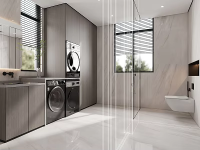 Modern Laundry Bathroom Interior With Washer Dryer Shower Toilet Sink And Window 3d model