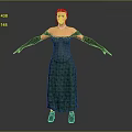 Woman with red hair wearing green corset and long dress with black gloves