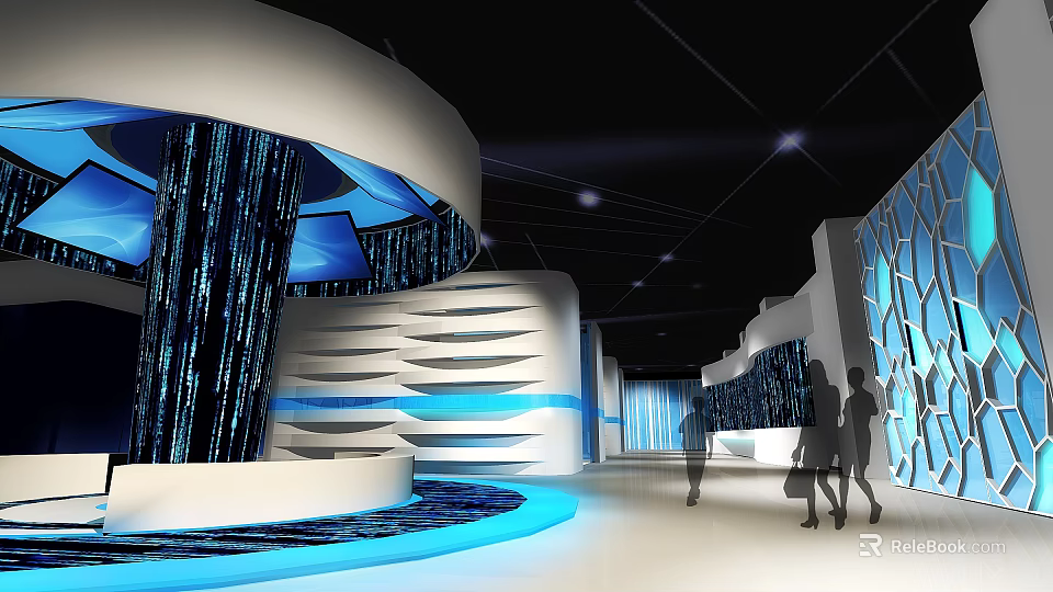 Modern Exhibition Hall Design With Curved Structure Blue Screens Data Lines And Lit Floor 3d model 