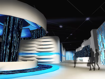 Modern Exhibition Hall Design With Curved Structure Blue Screens Data Lines And Lit Floor 3d model