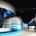 Modern Exhibition Hall Design With Curved Structure Blue Screens Data Lines And Lit Floor